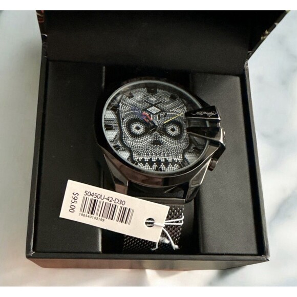 Ed Hardy Singles Men's Beaded Skull Dial/ Black/White, Gunmetal Steel Band 53mm - Picture 1 of 2